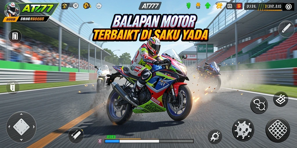 Tampilan screenshot AT777 menampilkan aksi balapan motor yang mendebarkan.