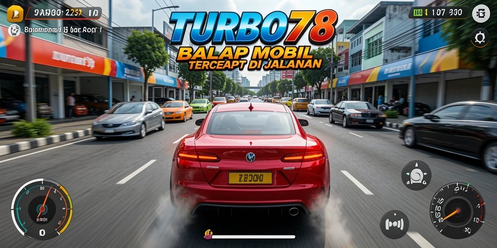 Tangkapan layar gameplay TURBO78 dengan mobil balap yang melaju cepat.
