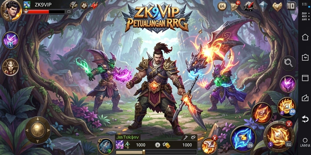 Screenshot menampilkan aksi pertarungan epik dalam ZK9VIP dengan karakter dan lingkungan fantastis.